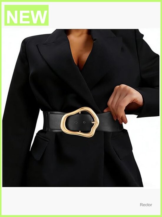 Wide Elastic Waist Belt with Large Gold Buckle Stretchy Leather